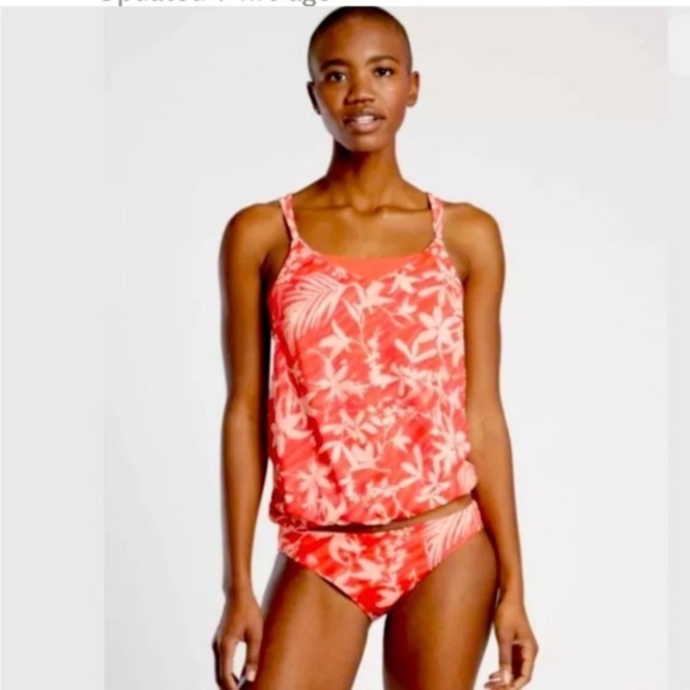 Athleta Coral Pink Tropical Floral Blouson Tankini Swimsuit 32DD 32D Bottom S
